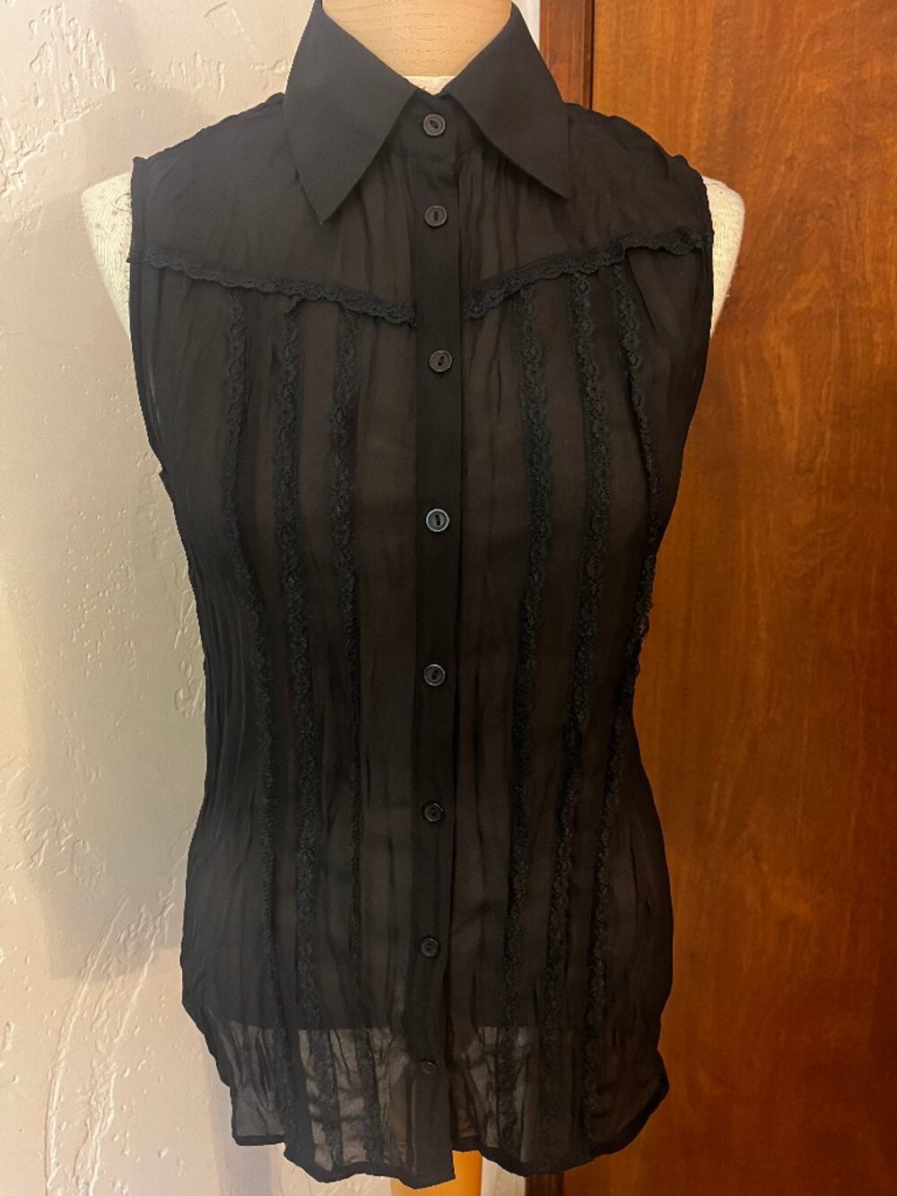 MDS California Black Sheer Lace Button Front Blouse Size M